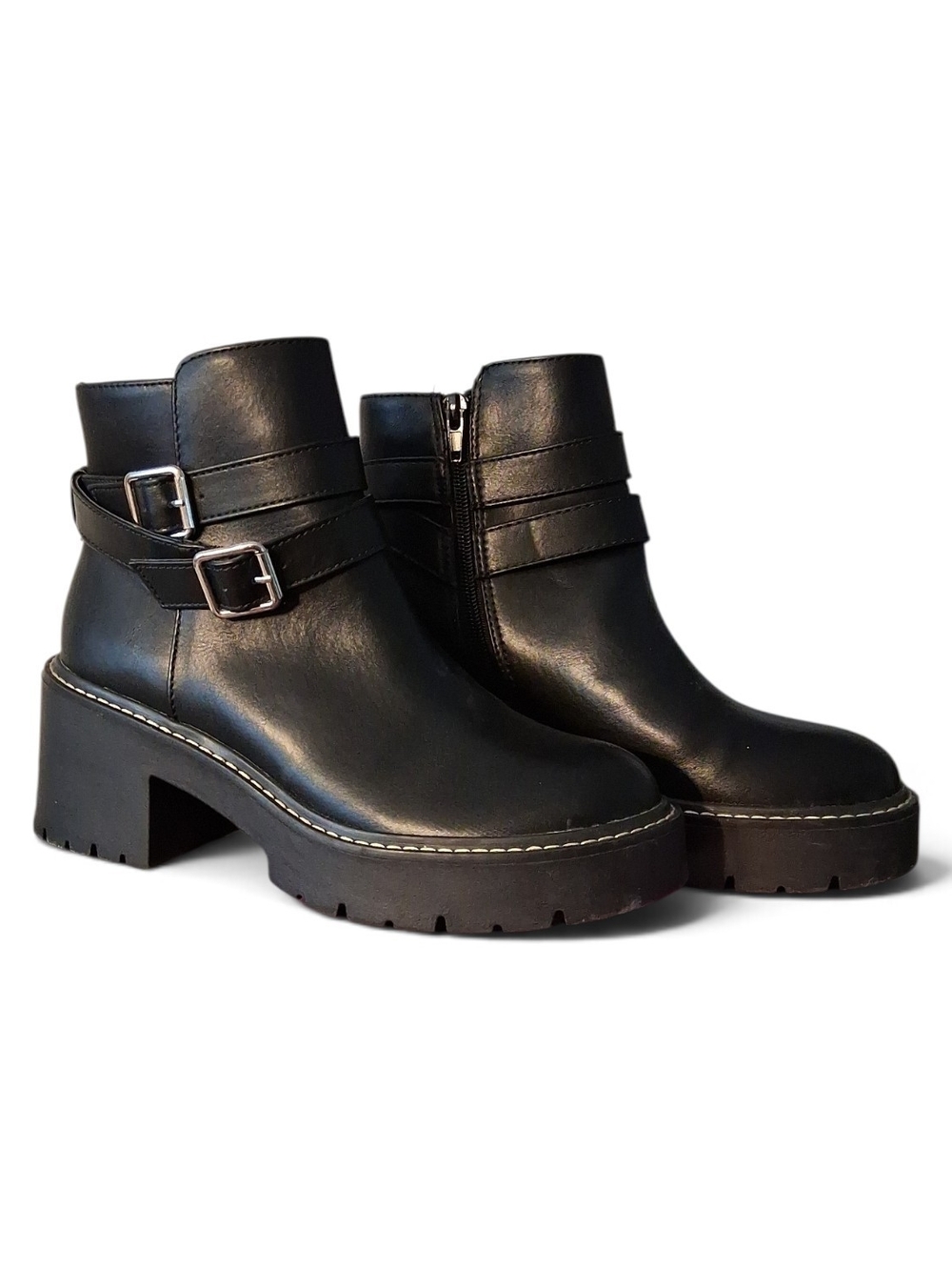 Black Chunky Heel Ankle Boots with Buckle Strap And Side Zip Size 7.5